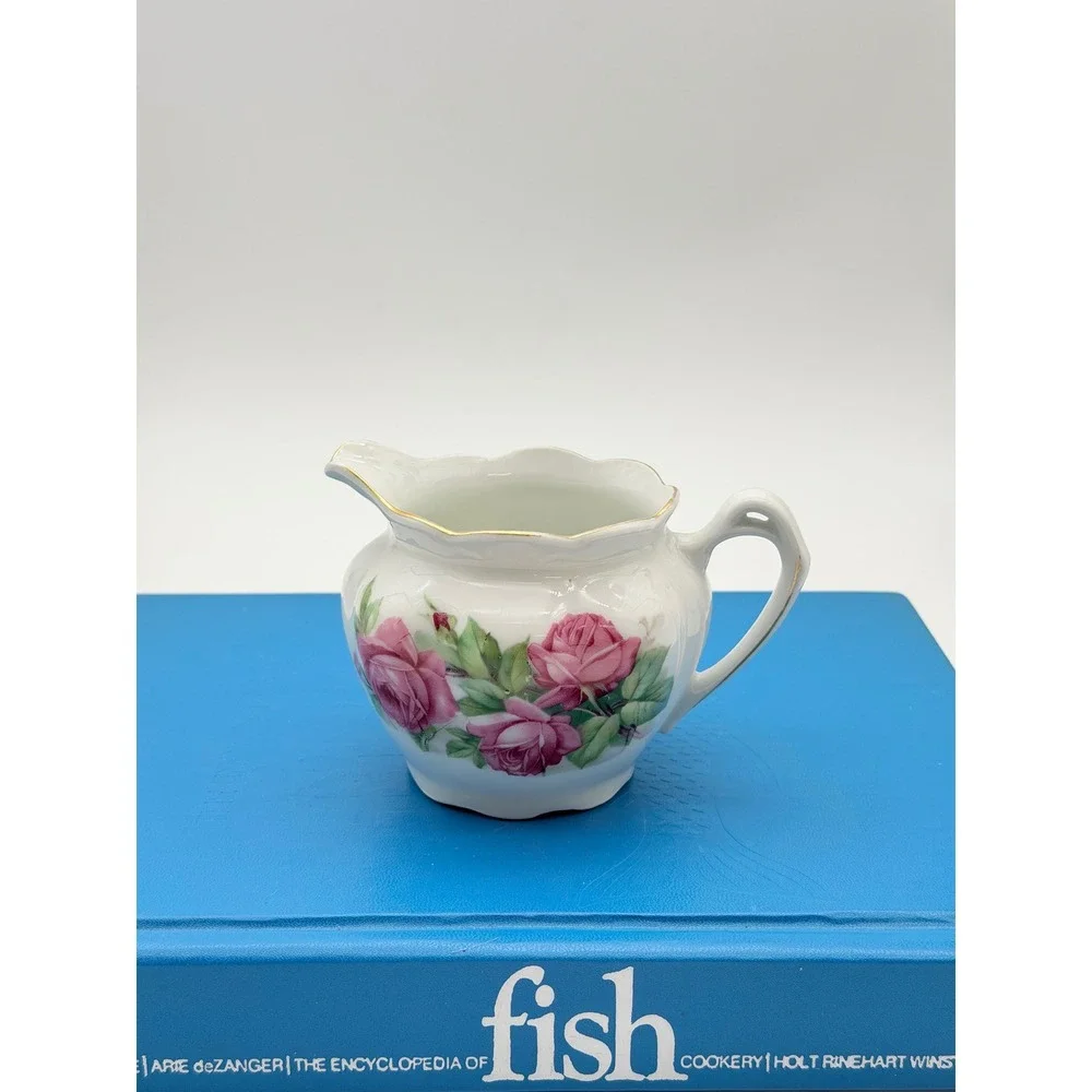 Vintage Bavaria Porcelain Creamer Pink Rose Floral Gold Trim Scalloped Edge